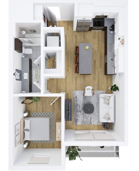 A top-down view of a modern apartment layout.